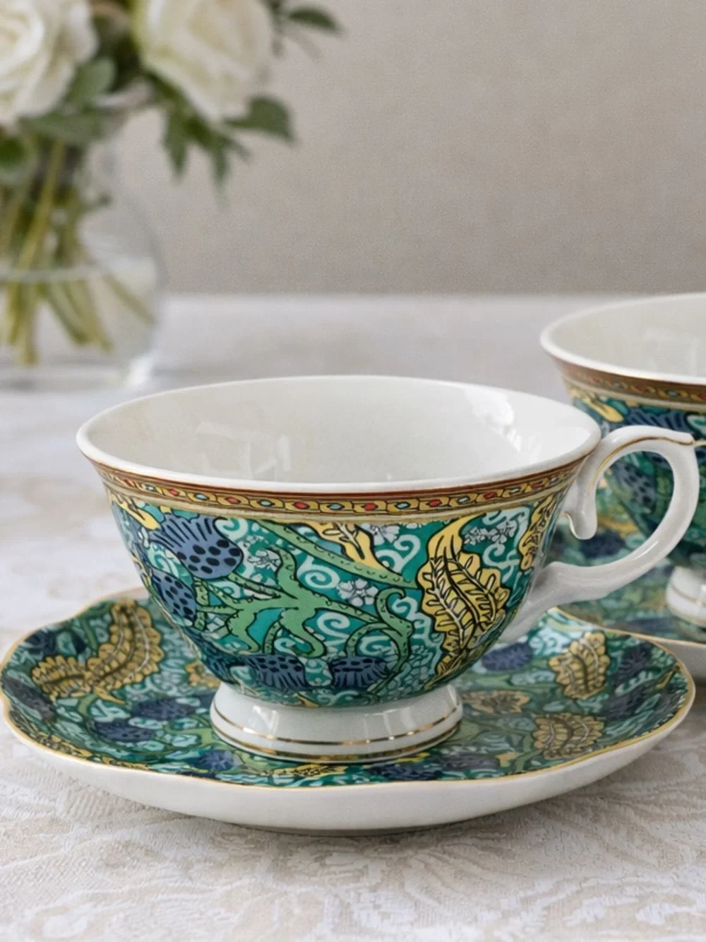 Grace Teaware Green & Gold Porcelain Teacup Set 2 Cups & 2 Saucers Gift Box NWT